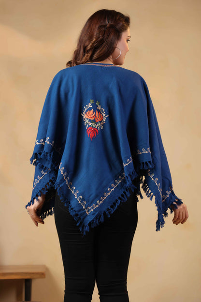 Woollen Poncho Top with Kashmiri Chinar Neck Hand Embroidery  and Inner Lining | Blue - view 2