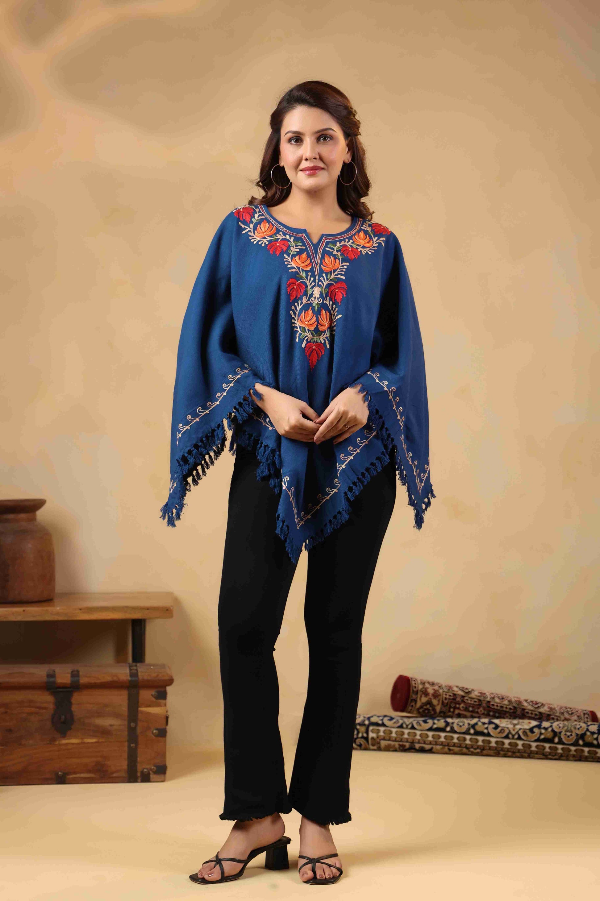 Woollen Poncho Top with Kashmiri Chinar Neck Hand Embroidery  and Inner Lining | Blue - view 3