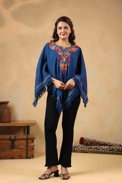 Woollen Poncho Top with Kashmiri Chinar Neck Hand Embroidery  and Inner Lining | Blue - view 3
