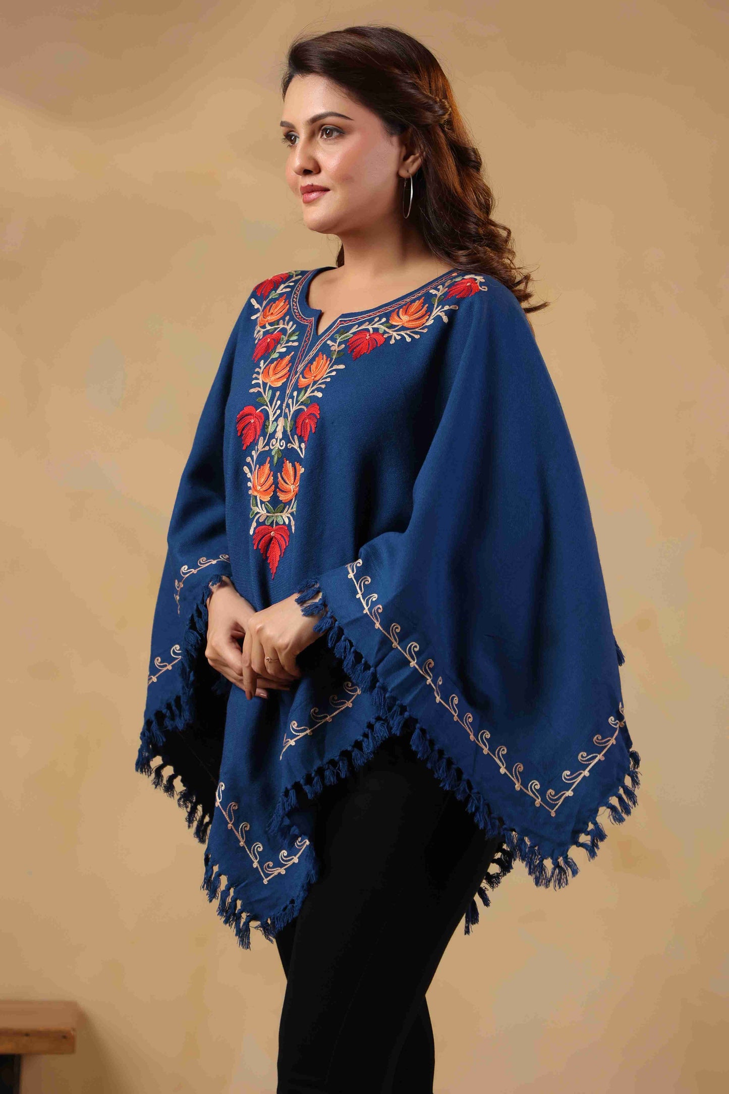 Woollen Poncho Top with Kashmiri Chinar Neck Hand Embroidery  and Inner Lining | Blue - view 4