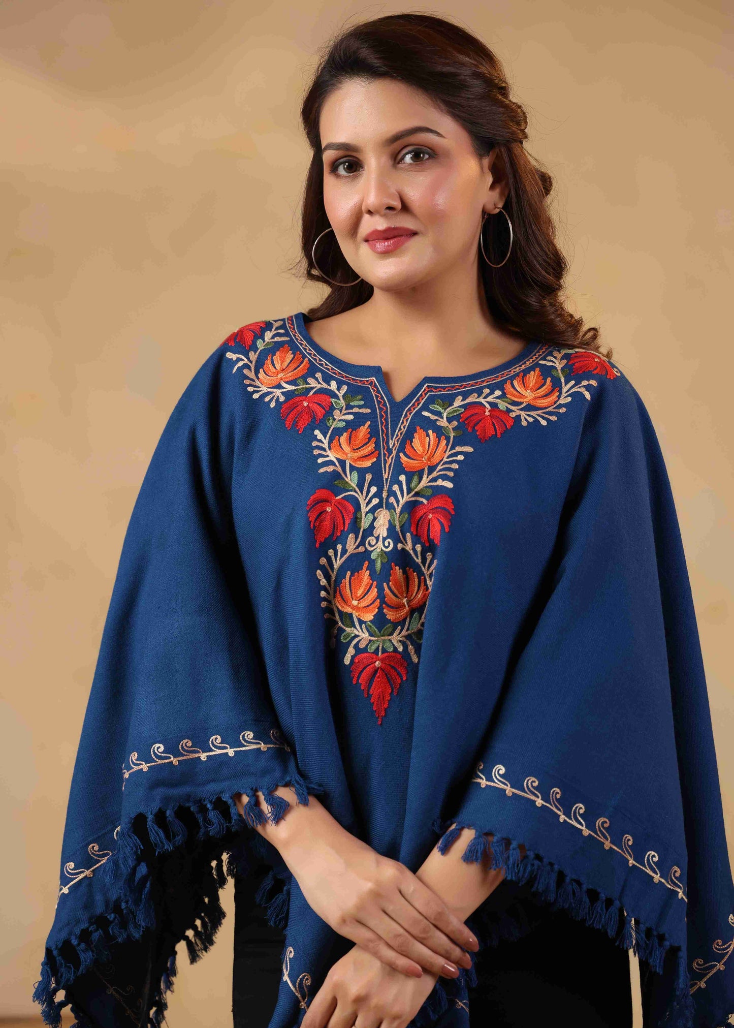 Woollen Poncho Top with Kashmiri Chinar Neck Hand Embroidery  and Inner Lining | Blue