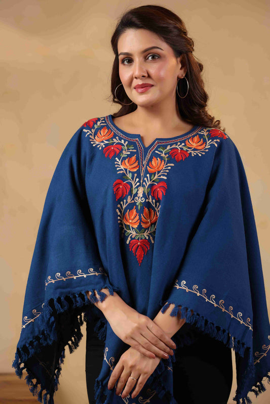 Woollen Poncho Top with Kashmiri Chinar Neck Hand Embroidery  and Inner Lining | Blue