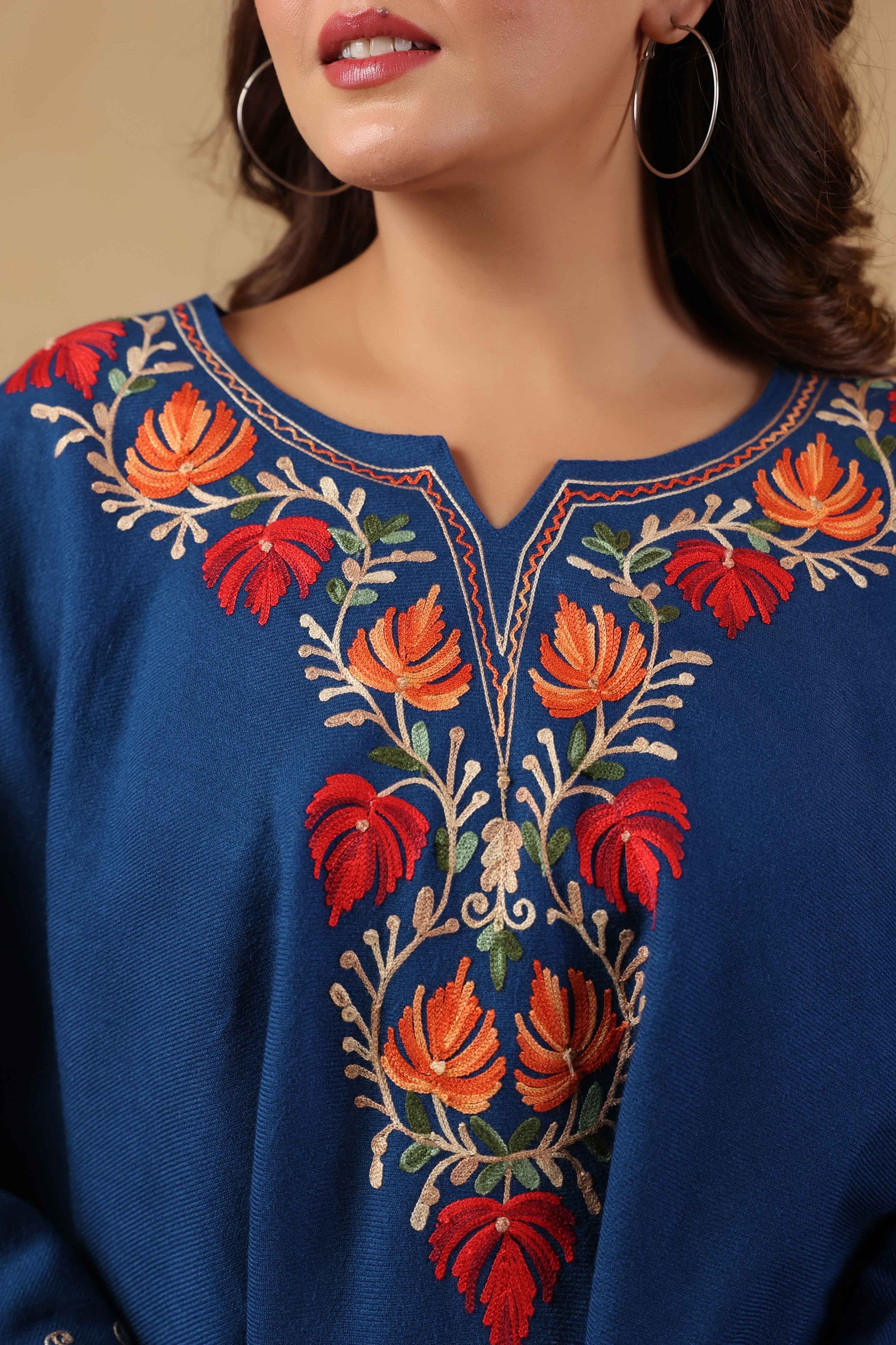 Woollen Poncho Top with Kashmiri Chinar Neck Hand Embroidery  and Inner Lining | Blue - view 5
