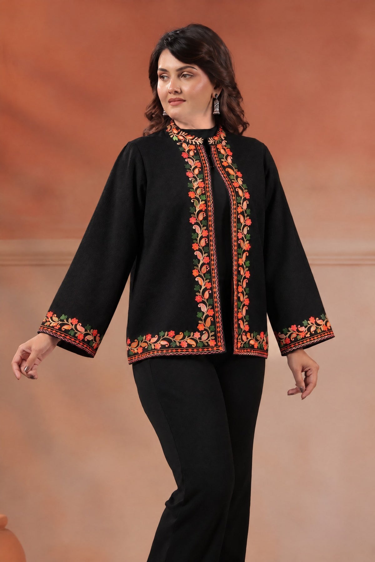 Women's Woollen Knitted Aari Embroidered Shrug Jacket | Black