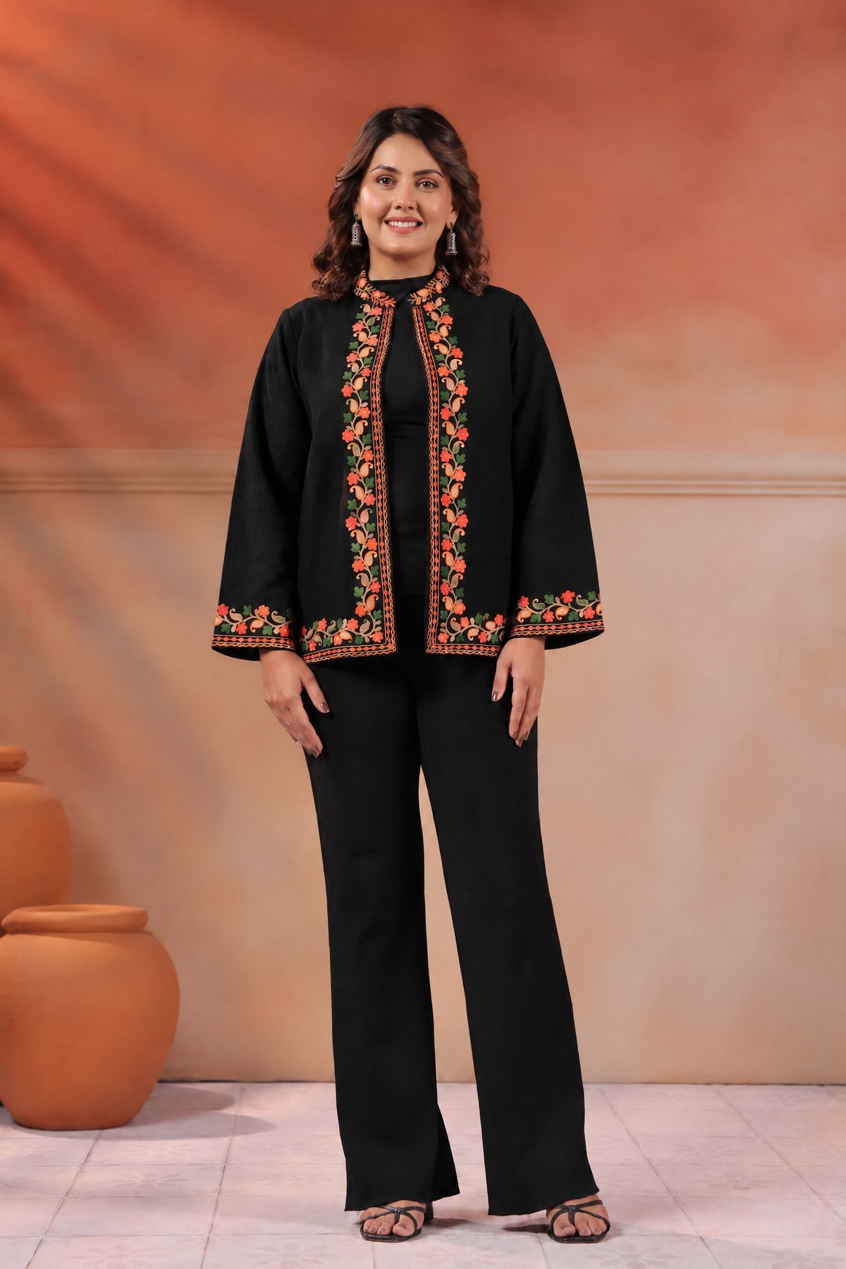 Women's Woollen Knitted Aari Embroidered Shrug Jacket | Black
