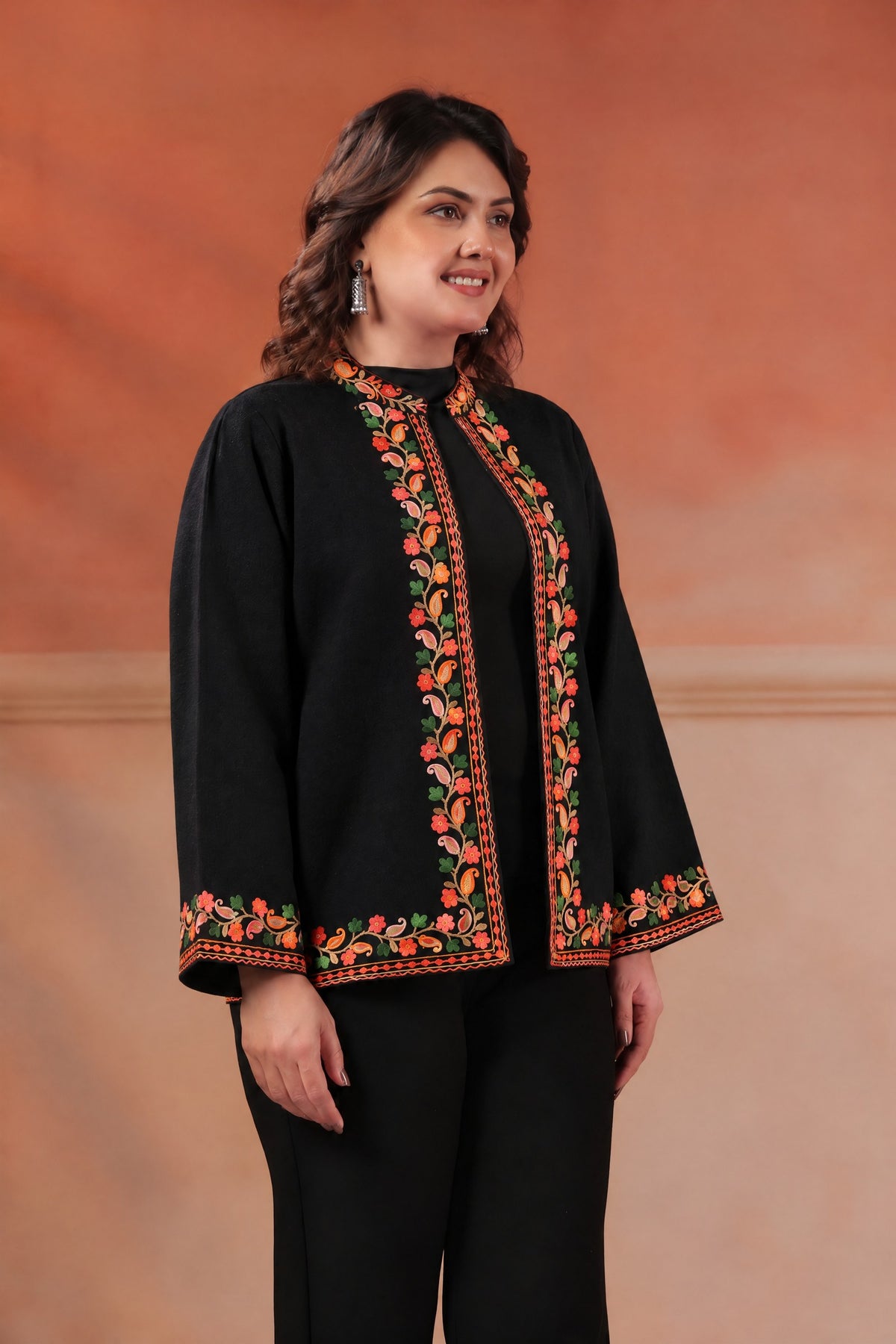 Women's Woollen Knitted Aari Embroidered Shrug Jacket | Black