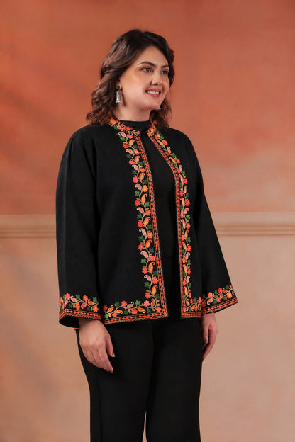 Women's Woollen Knitted Aari Embroidered Shrug Jacket | Black