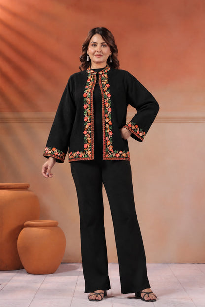 Women's Woollen Knitted Aari Embroidered Shrug Jacket | Black