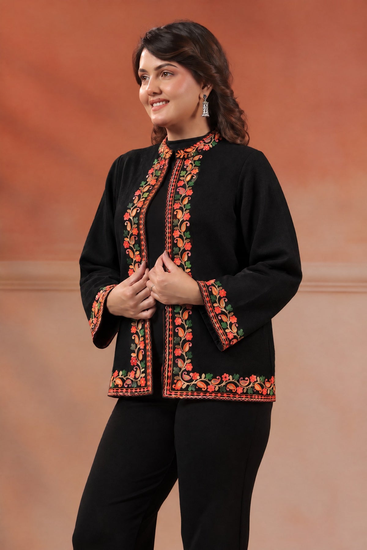 Women's Woollen Knitted Aari Embroidered Shrug Jacket | Black