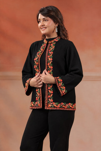Women's Woollen Knitted Aari Embroidered Shrug Jacket | Black
