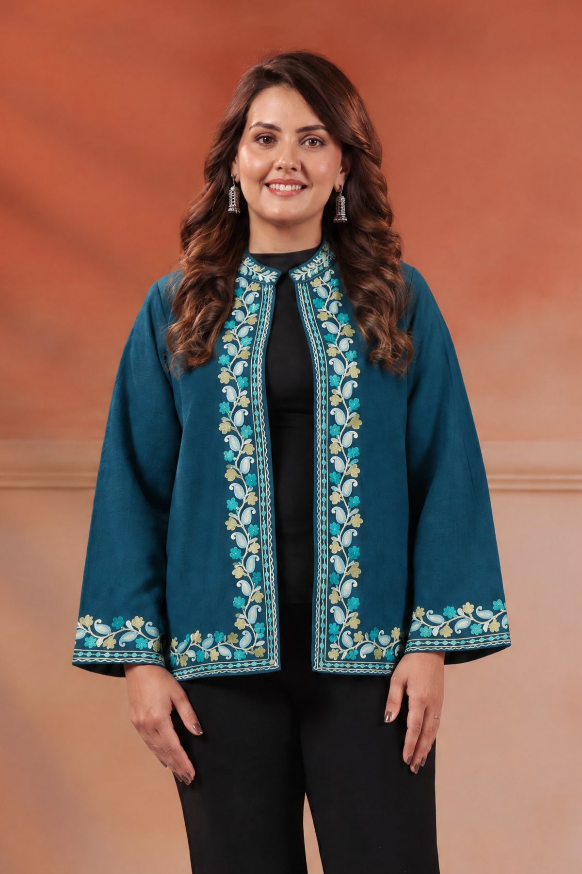 Women's Woollen Knitted Aari Embroidered Shrug Jacket | Teal Blue