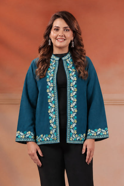 Women's Woollen Knitted Aari Embroidered Shrug Jacket | Teal Blue
