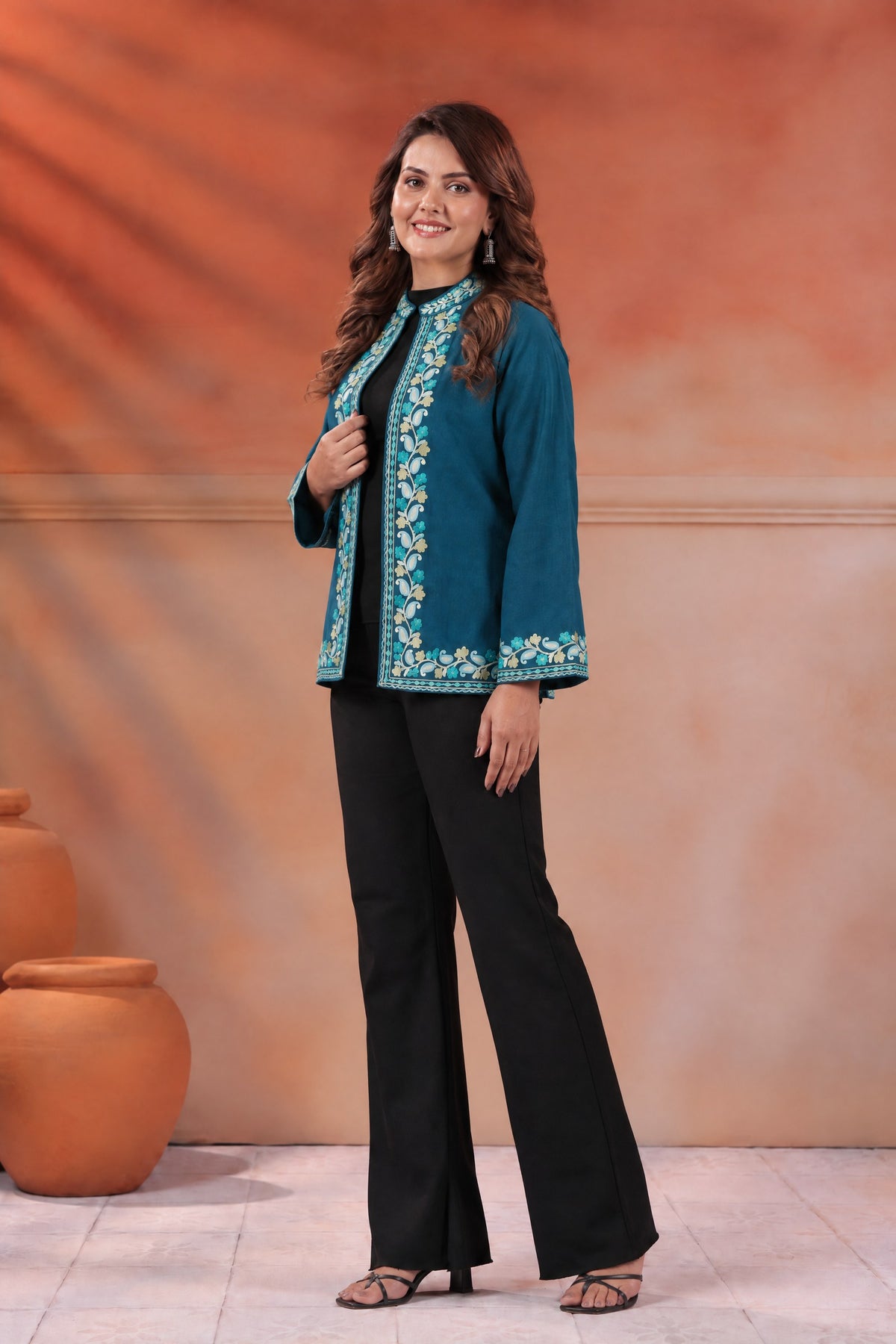 Women's Woollen Knitted Aari Embroidered Shrug Jacket | Teal Blue