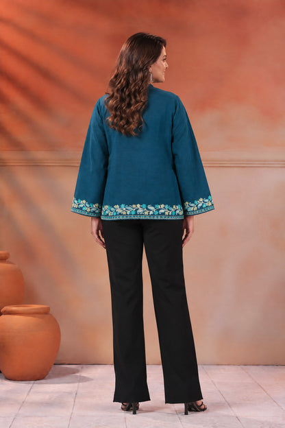 Women's Woollen Knitted Aari Embroidered Shrug Jacket | Teal Blue