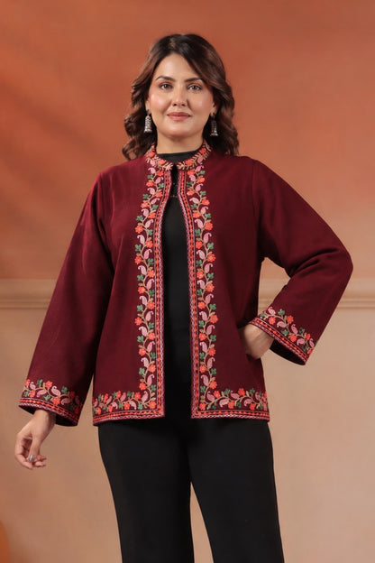 Women's Woollen Knitted Aari Embroidered Shrug Jacket | Wine