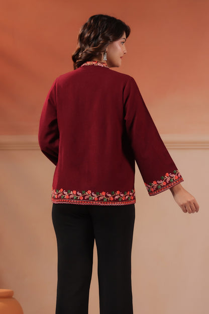 Women's Woollen Knitted Aari Embroidered Shrug Jacket | Wine