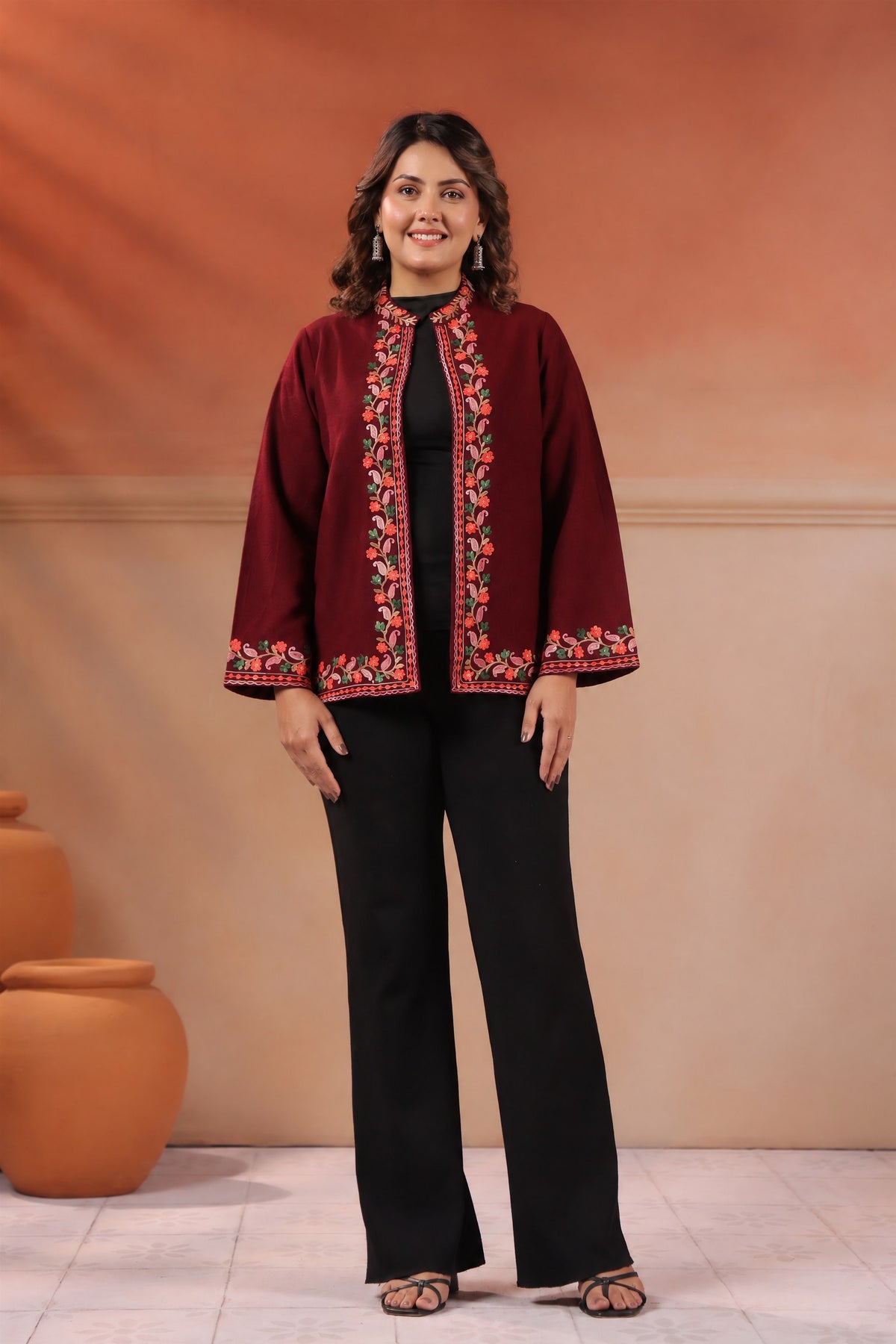 Women's Woollen Knitted Aari Embroidered Shrug Jacket | Wine