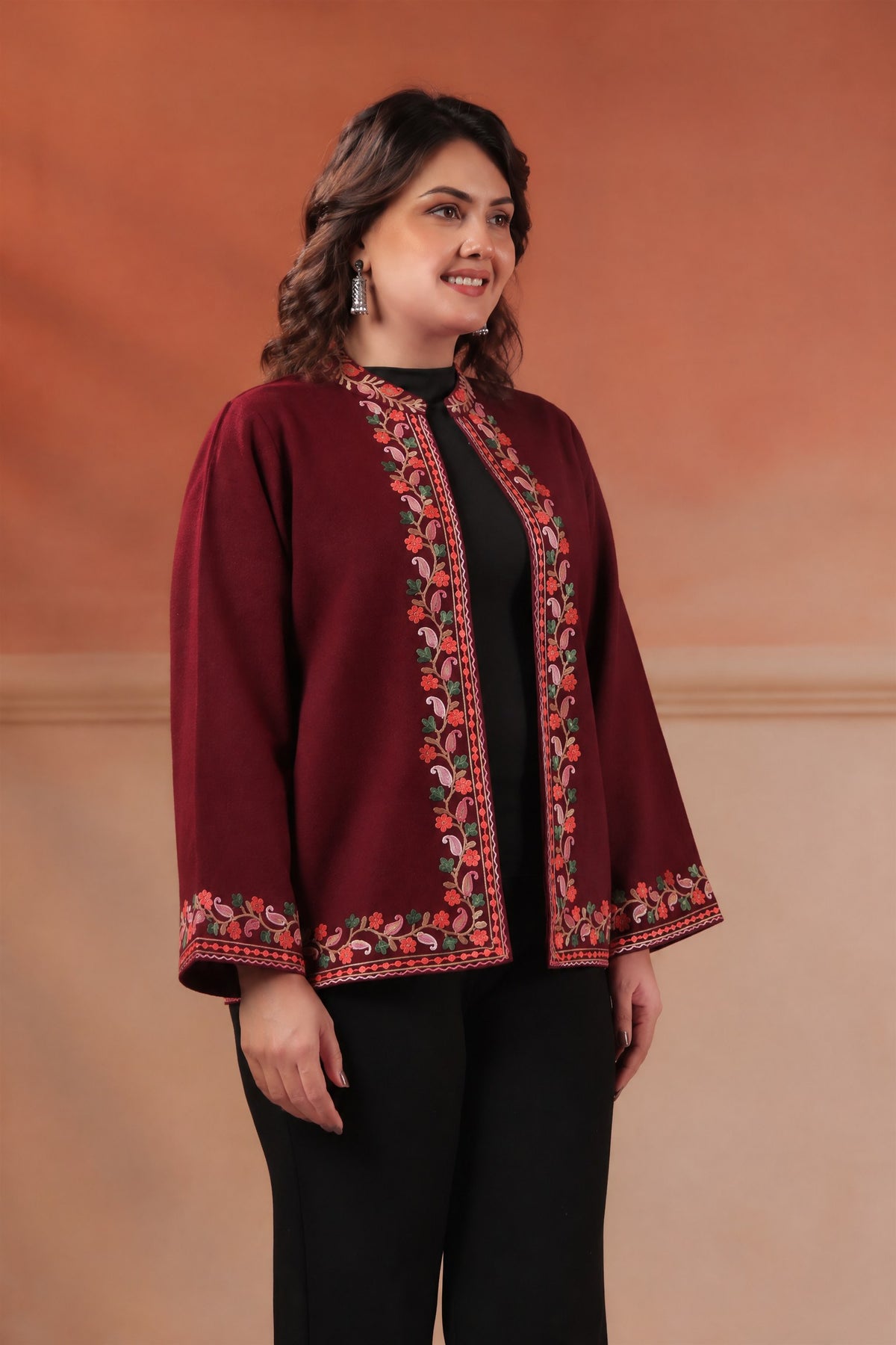 Women's Woollen Knitted Aari Embroidered Shrug Jacket | Wine
