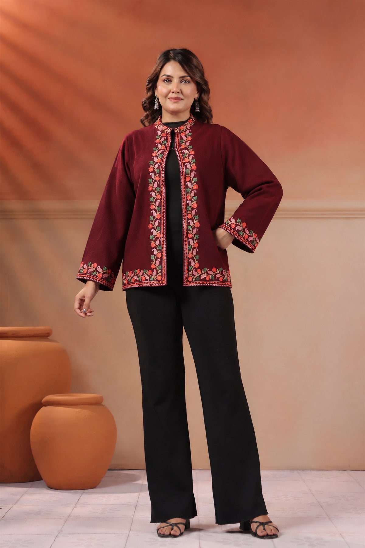 Women's Woollen Knitted Aari Embroidered Shrug Jacket | Wine
