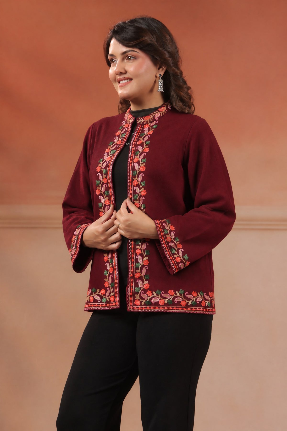 Women's Woollen Knitted Aari Embroidered Shrug Jacket | Wine
