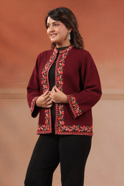 Women's Woollen Knitted Aari Embroidered Shrug Jacket | Wine