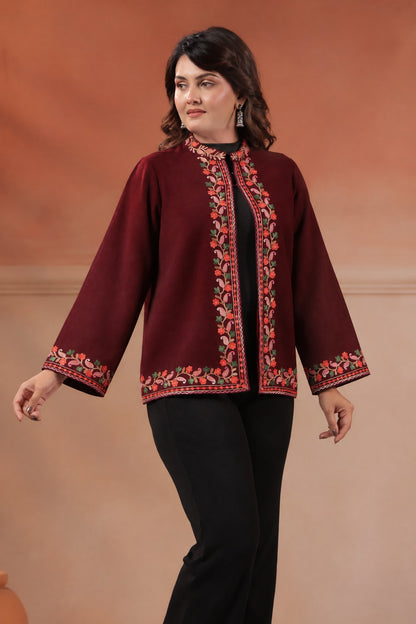 Women's Woollen Knitted Aari Embroidered Shrug Jacket | Wine