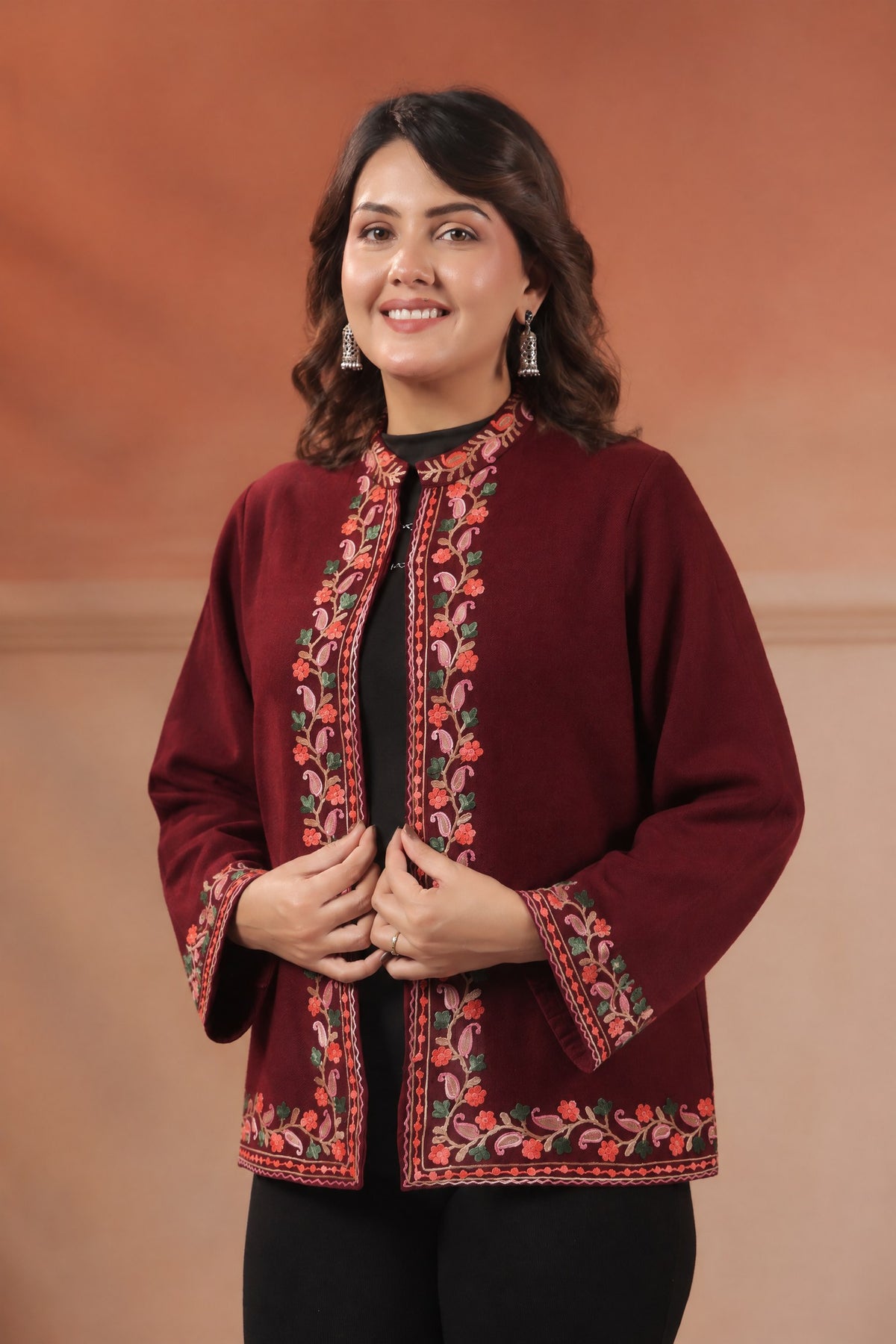 Women's Woollen Knitted Aari Embroidered Shrug Jacket | Wine