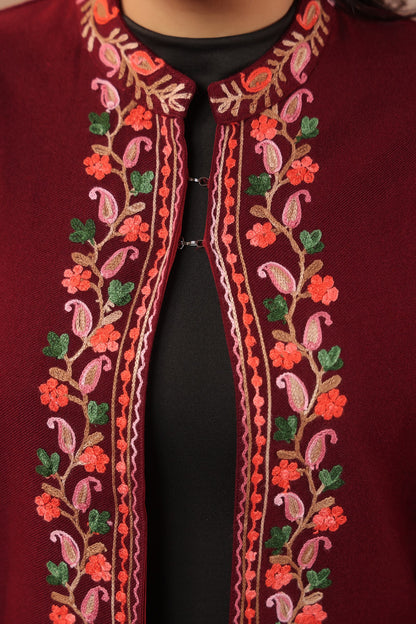 Women's Woollen Knitted Aari Embroidered Shrug Jacket | Wine