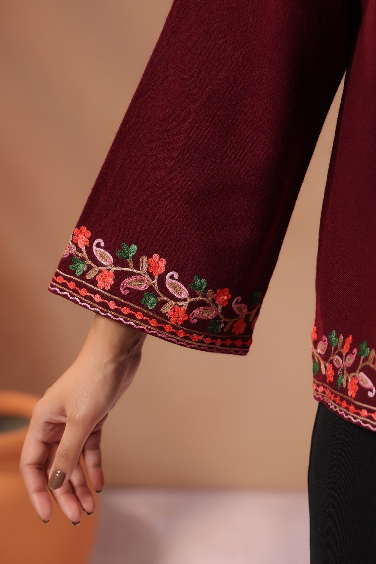 Women's Woollen Knitted Aari Embroidered Shrug Jacket | Wine