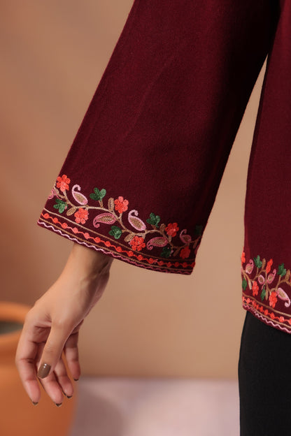 Women's Woollen Knitted Aari Embroidered Shrug Jacket | Wine