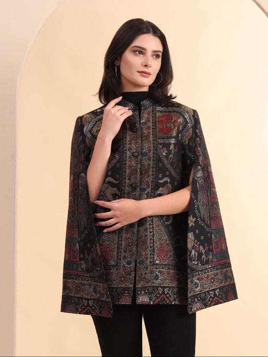 Darbar Woven Wool Cape Jacket in Zari | Black