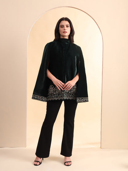 Velvet Hand Embellished Cape Jacket | Green
