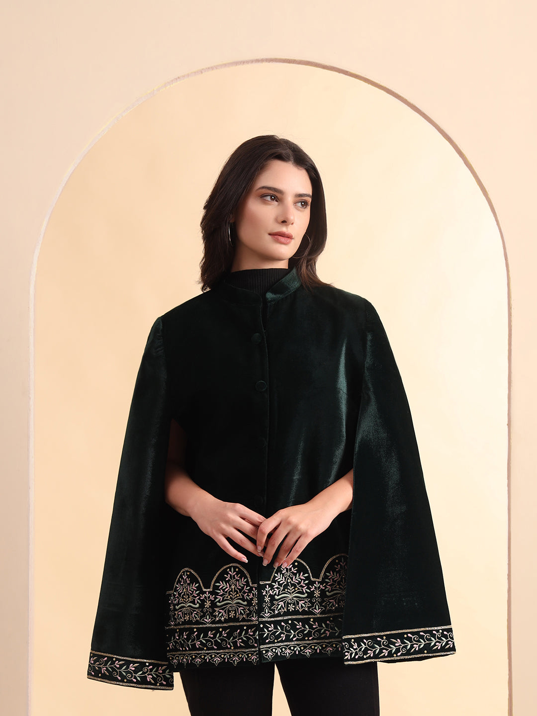 Velvet Hand Embellished Cape Jacket | Green