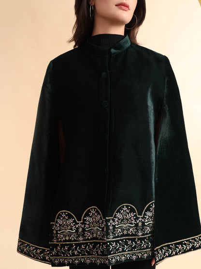 Velvet Hand Embellished Cape Jacket | Green