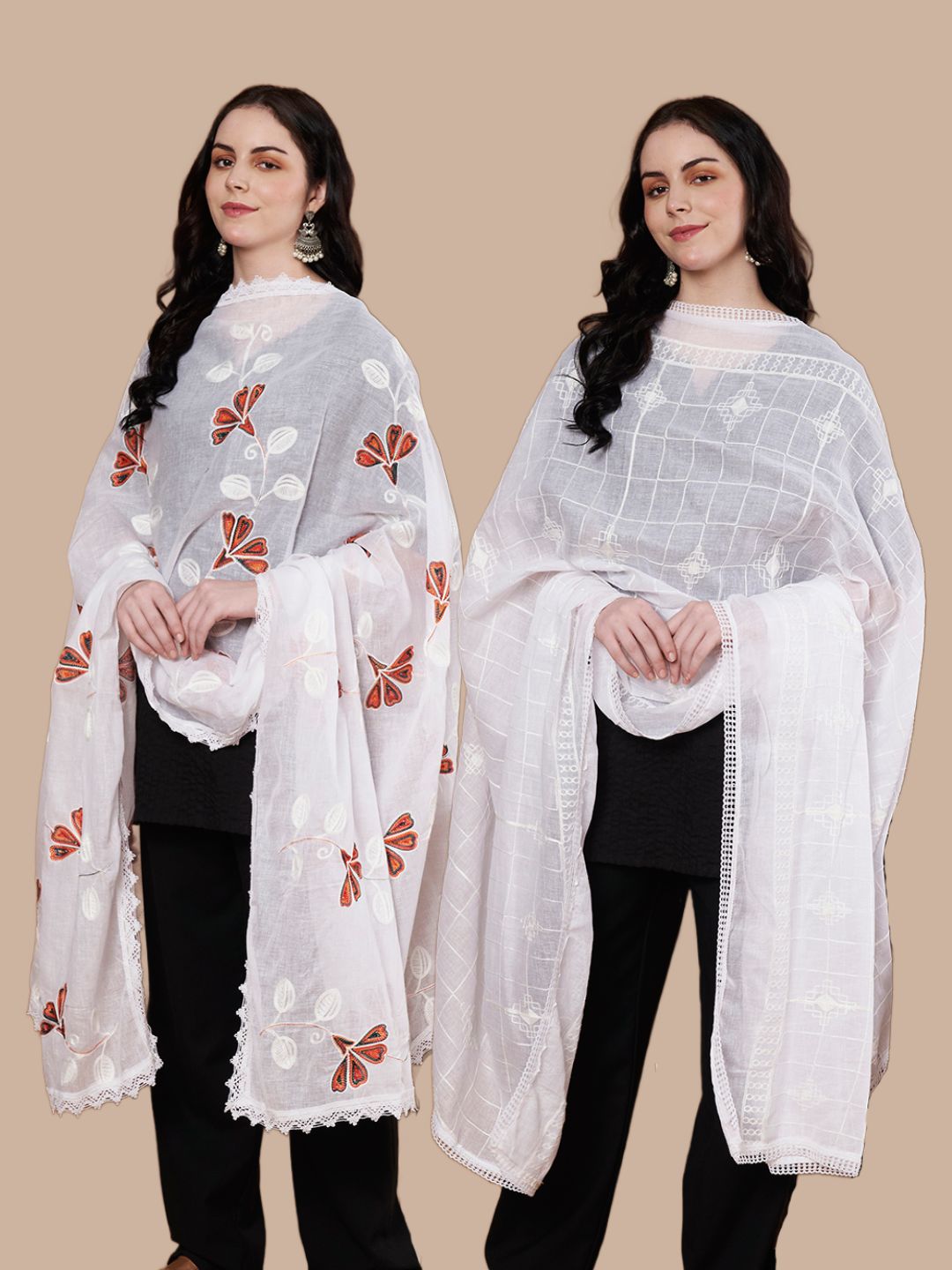 Embroidery Pure Cotton Dupatta for Women Pack of 2 | White and White