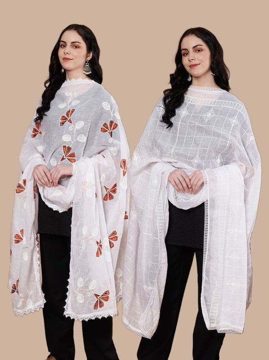 Embroidery Pure Cotton Dupatta for Women Pack of 2 | White and White