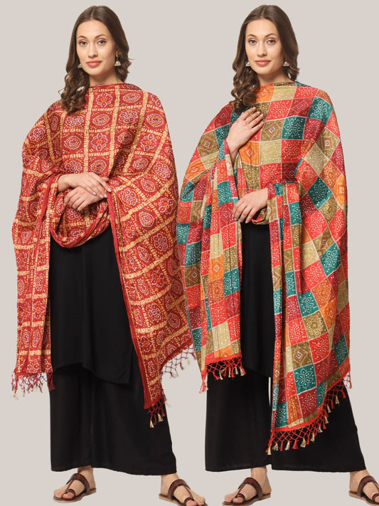 Printed Bandhani Chinnon Dupatta for Women Pack of 2 | Maroon and Multicolor