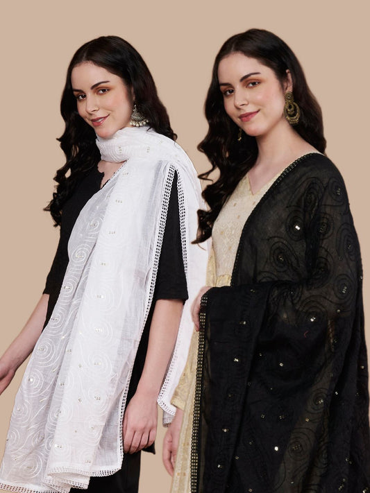 Pure Cotton Sequin Work Dupatta for Women Pack of 2 | White and Black