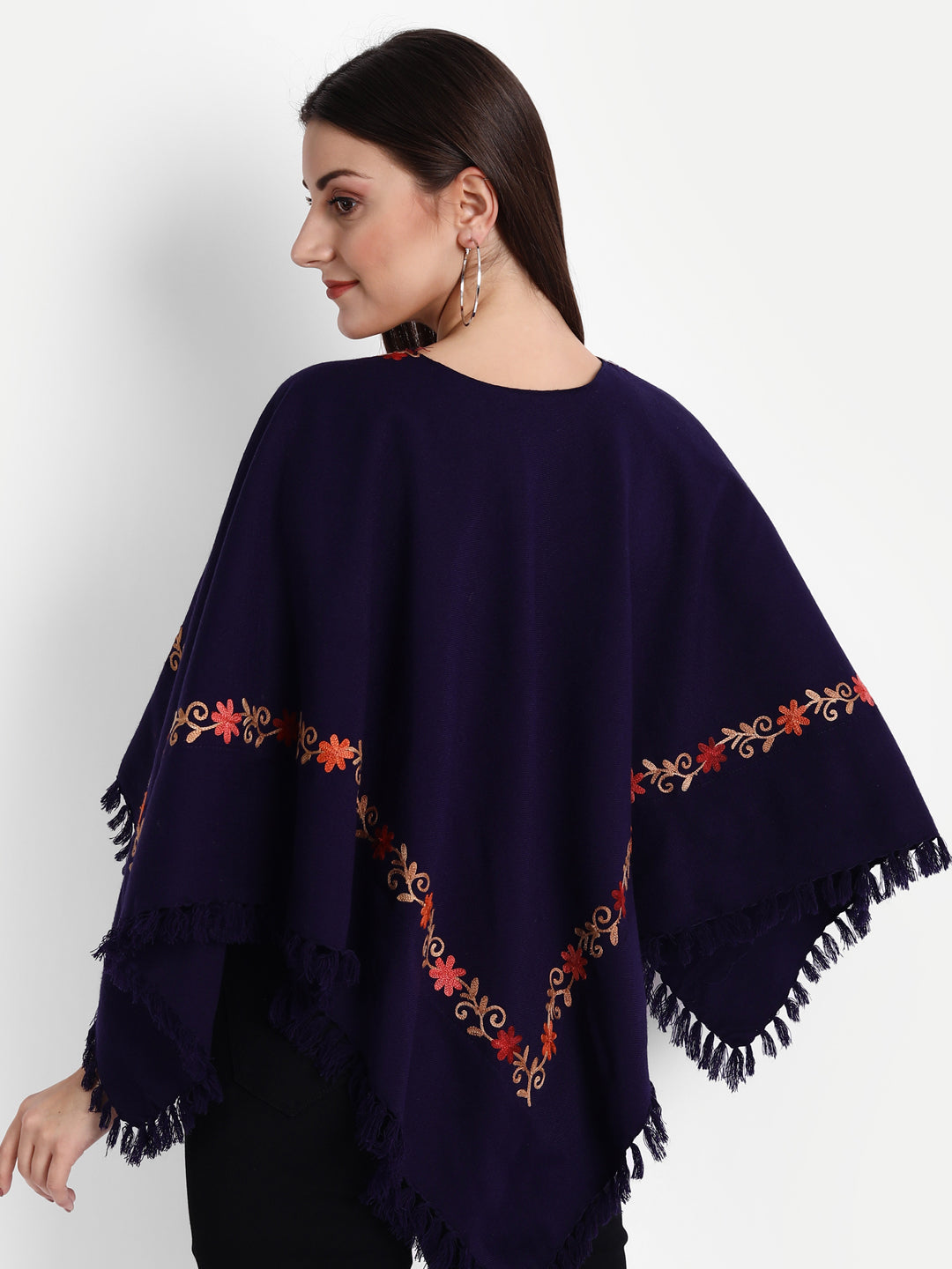 Woollen Poncho with Kashmiri Embroidery and Silk Lining - Blue - back view
