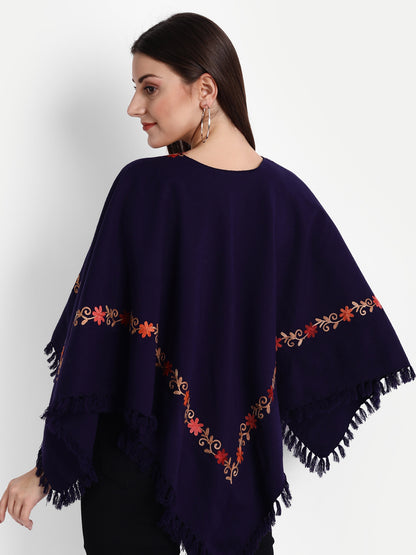 Woollen Poncho with Kashmiri Embroidery and Silk Lining - Blue - back view