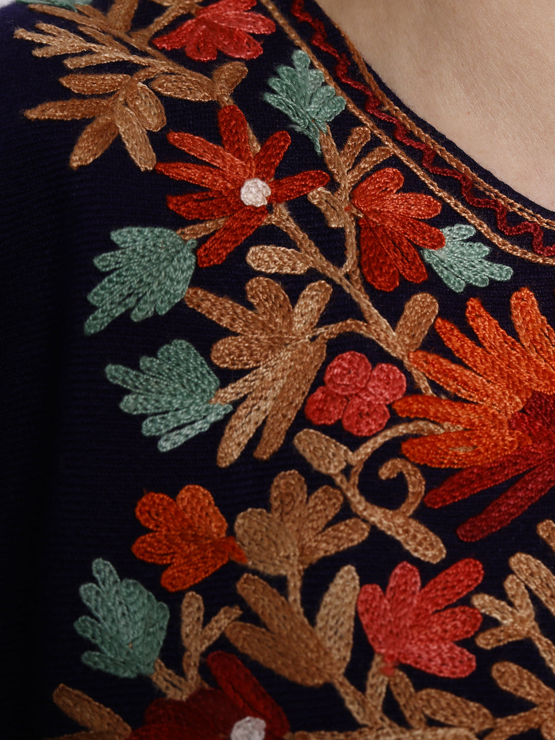 Woollen Poncho with Kashmiri Embroidery and Silk Lining - Blue - aari embroidery close-up