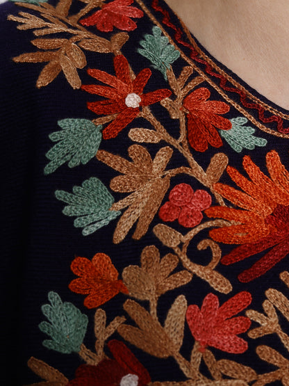 Woollen Poncho with Kashmiri Embroidery and Silk Lining - Blue - aari embroidery close-up