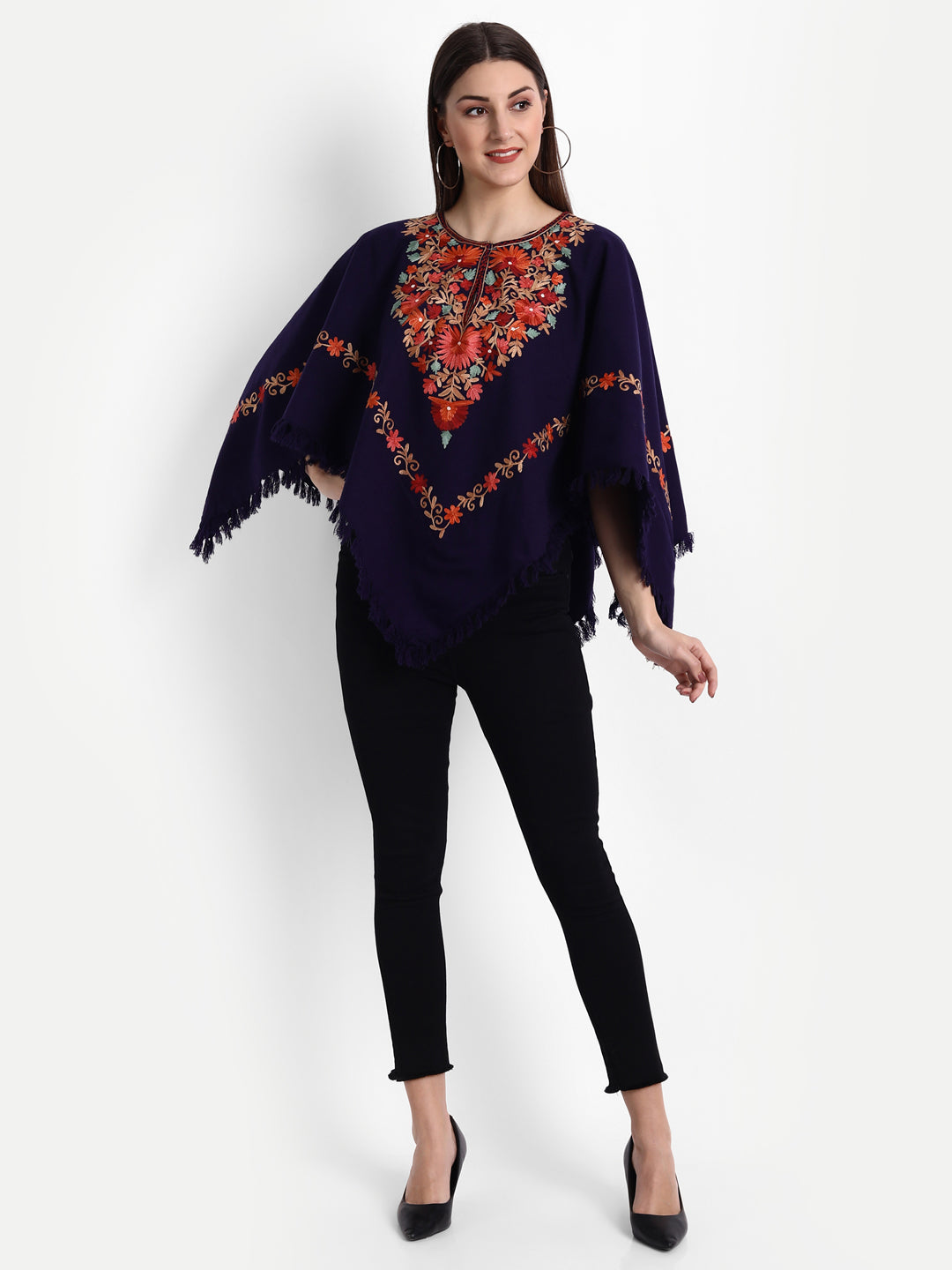 Woollen Poncho with Kashmiri Embroidery and Silk Lining - Blue - full length