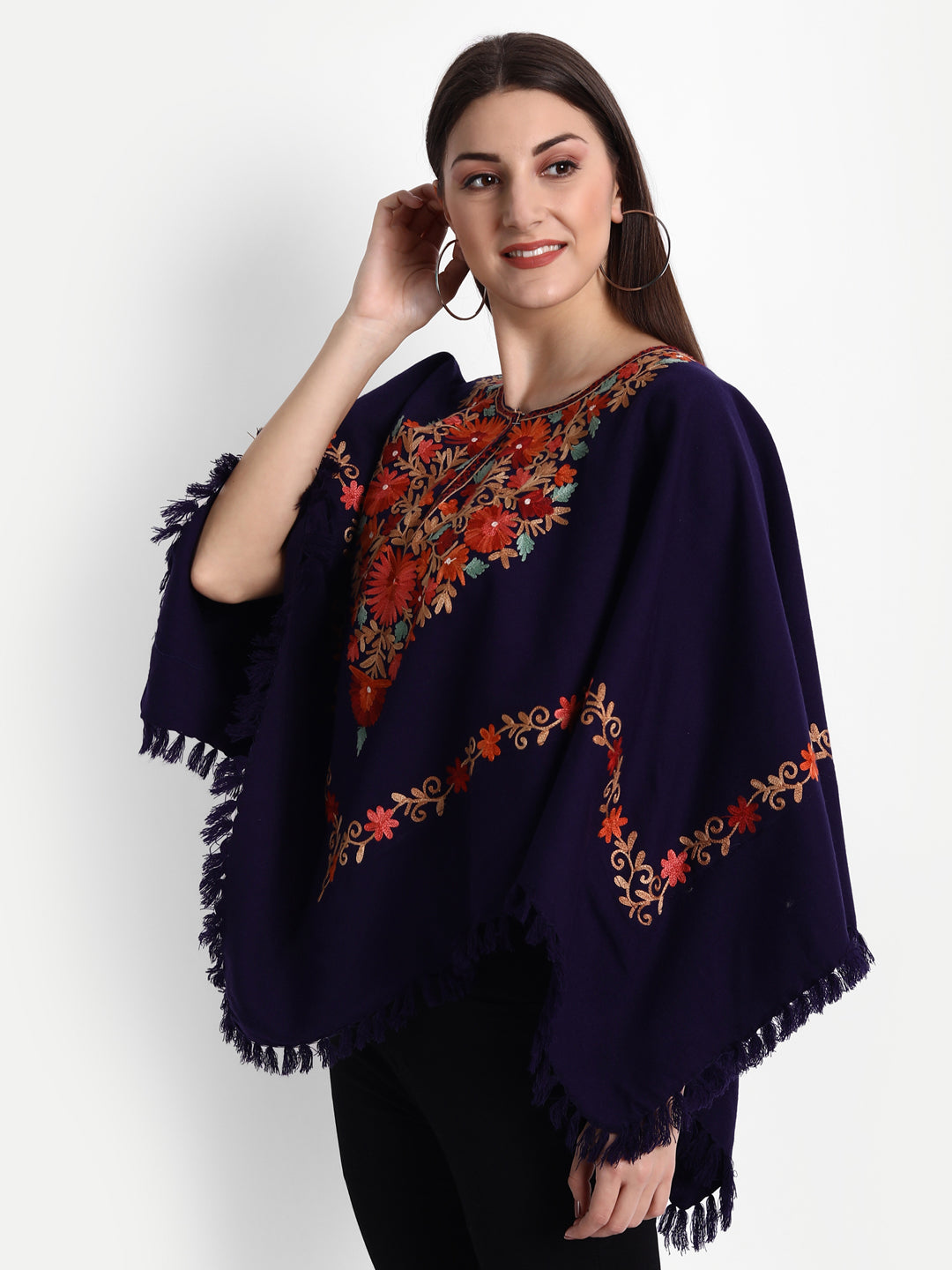 Woollen Poncho with Kashmiri Embroidery and Silk Lining - Blue - side view