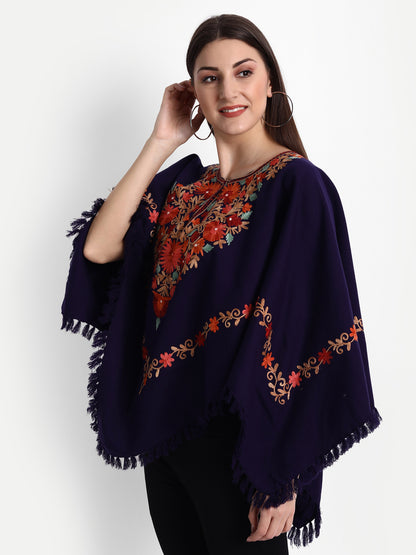 Woollen Poncho with Kashmiri Embroidery and Silk Lining - Blue - side view