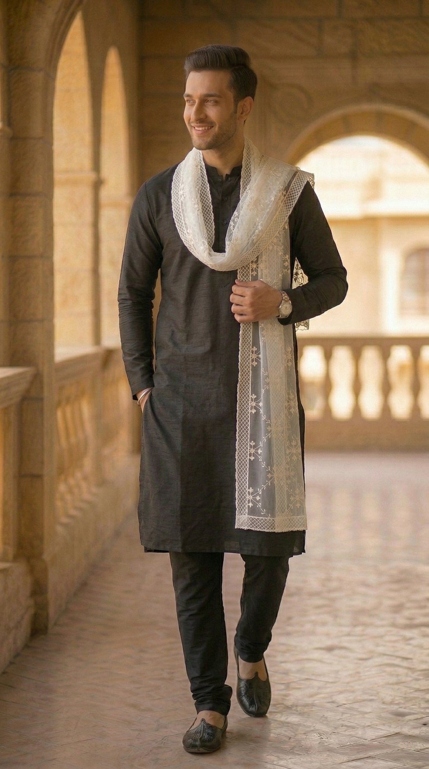 Net Embroidered Dupatta for Men | White