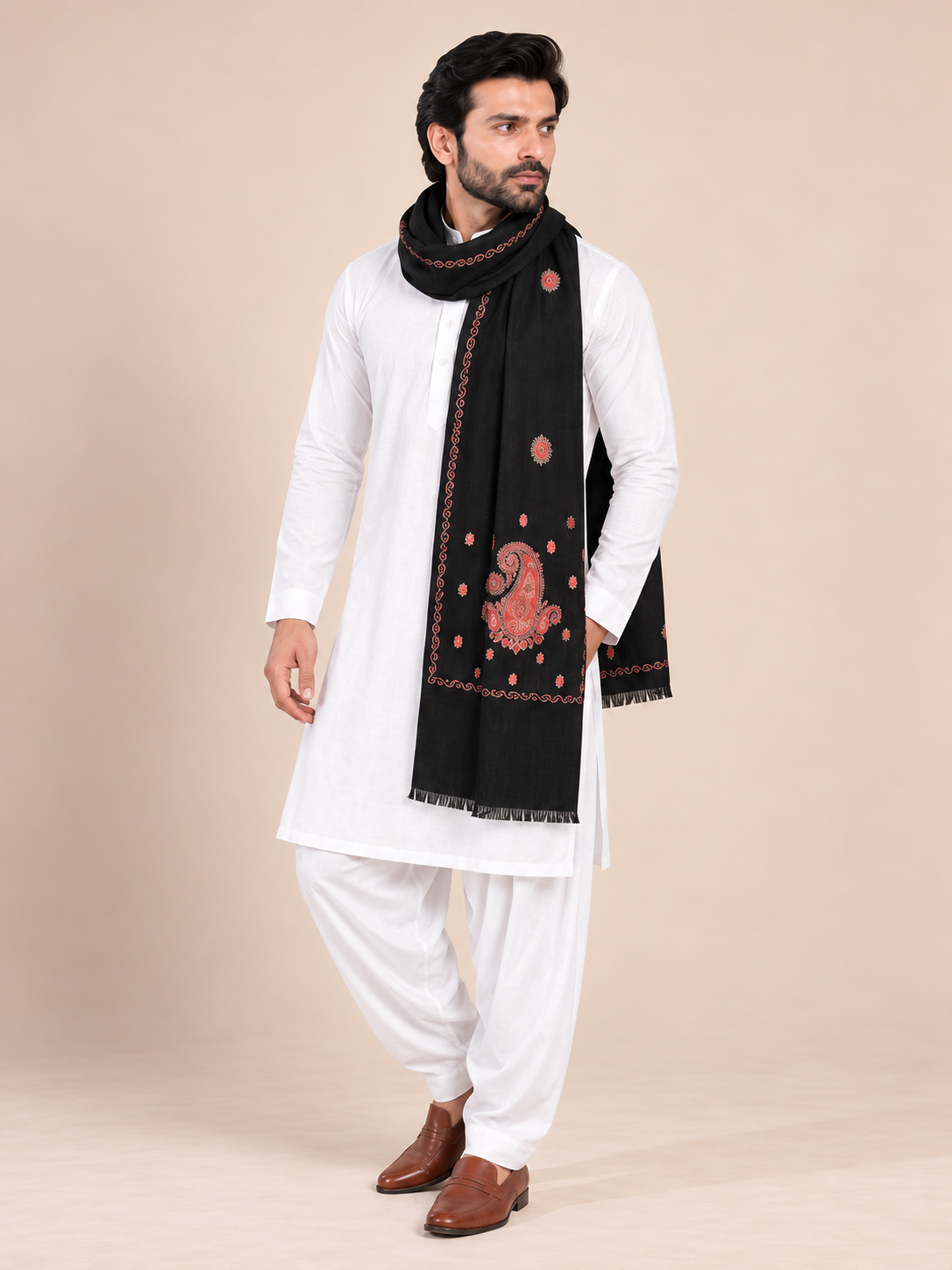 Fine Embroidery Paper Mache Kashmiri Wool Shawl for Men | Black - view 5