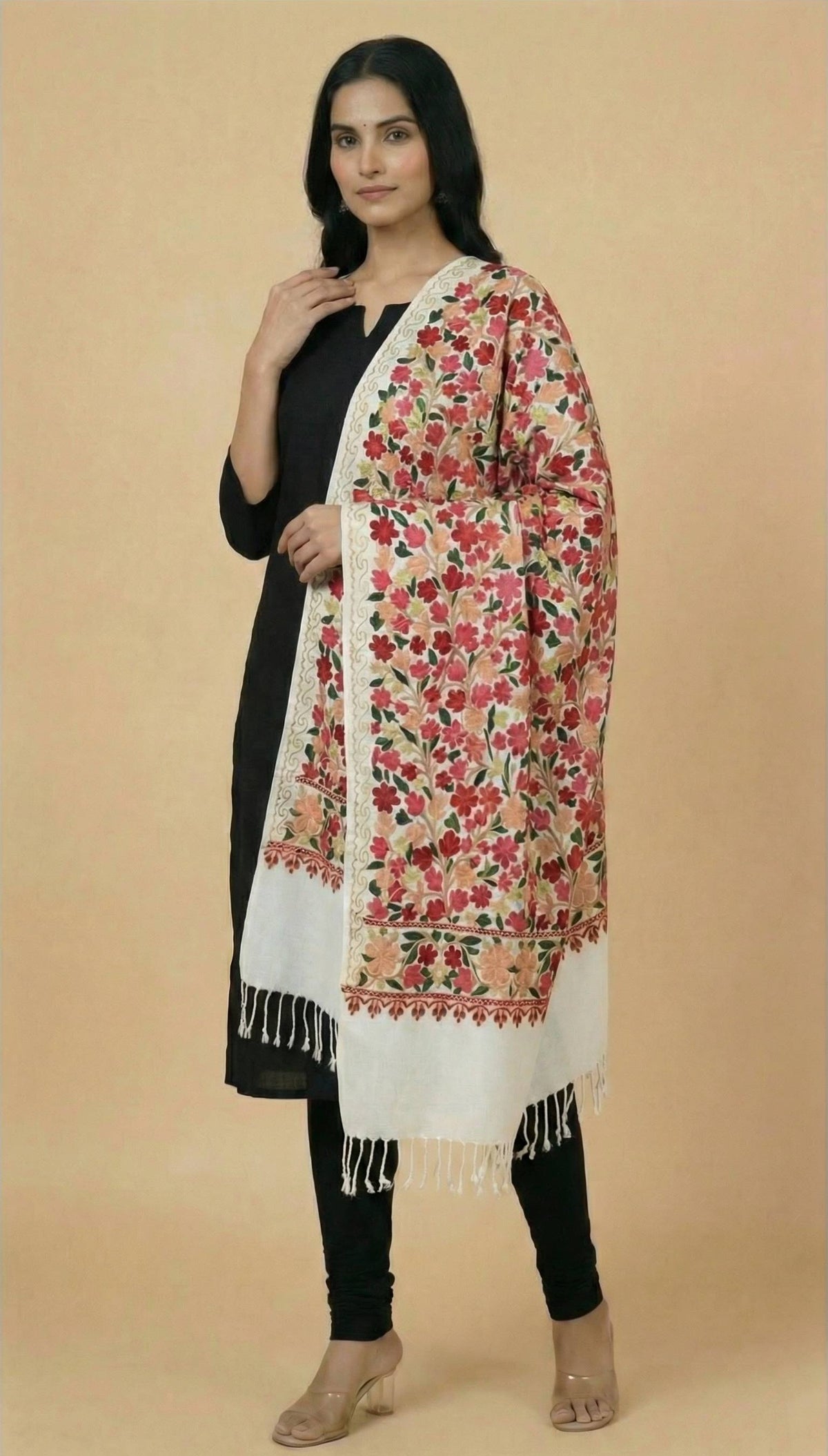 Kashmiri Aari Embroidery Woollen Stole for Women | White - view 2