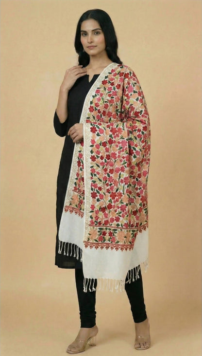 Kashmiri Aari Embroidery Woollen Stole for Women | White - view 2