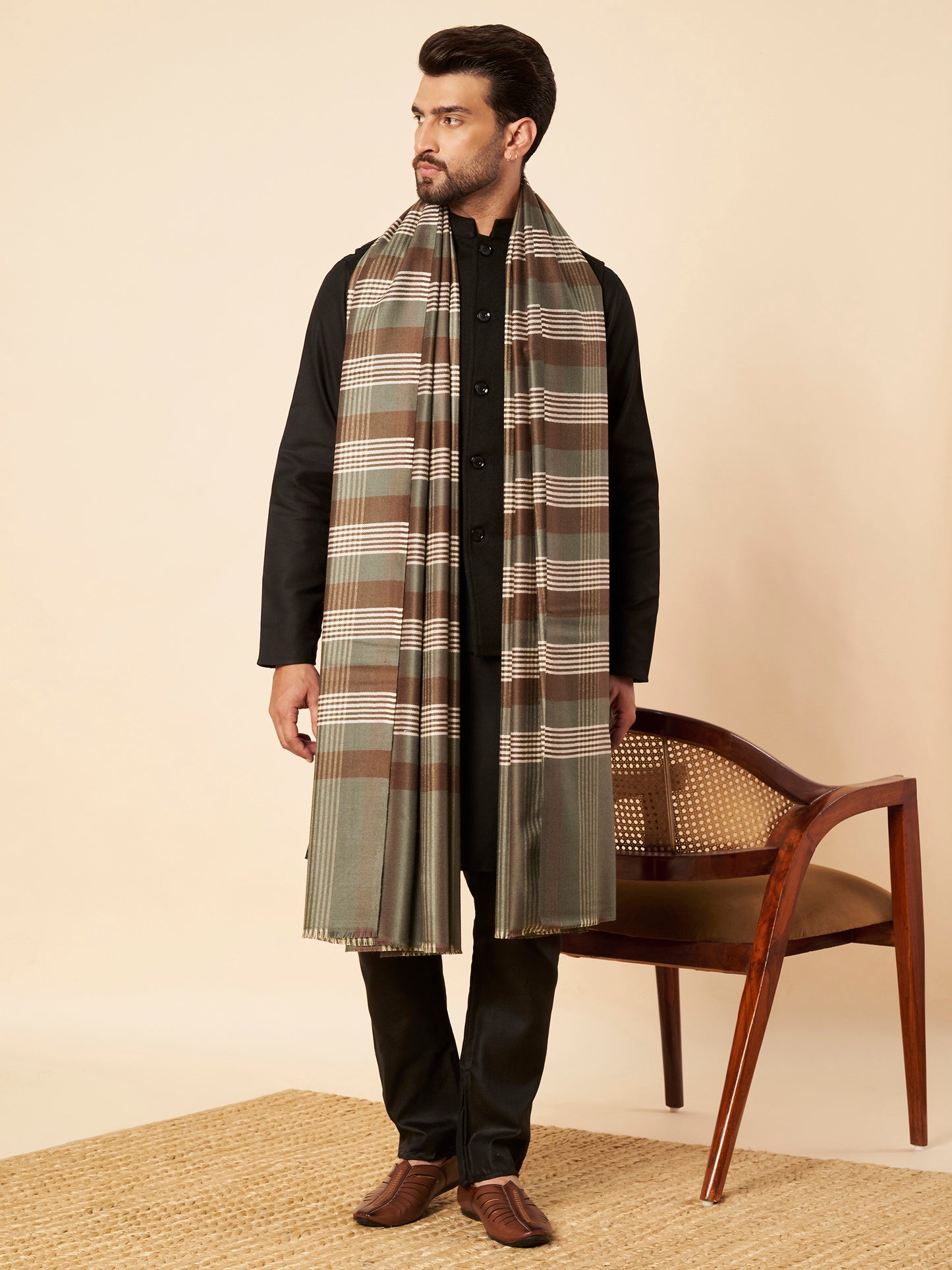 Men's Woollen Lohi Shawl | Grey Brown Stripe Check